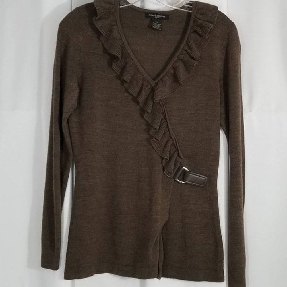 Susan Lawrence Brown V-Neck Ruffle Belted Detail Flattering Profile Size PL